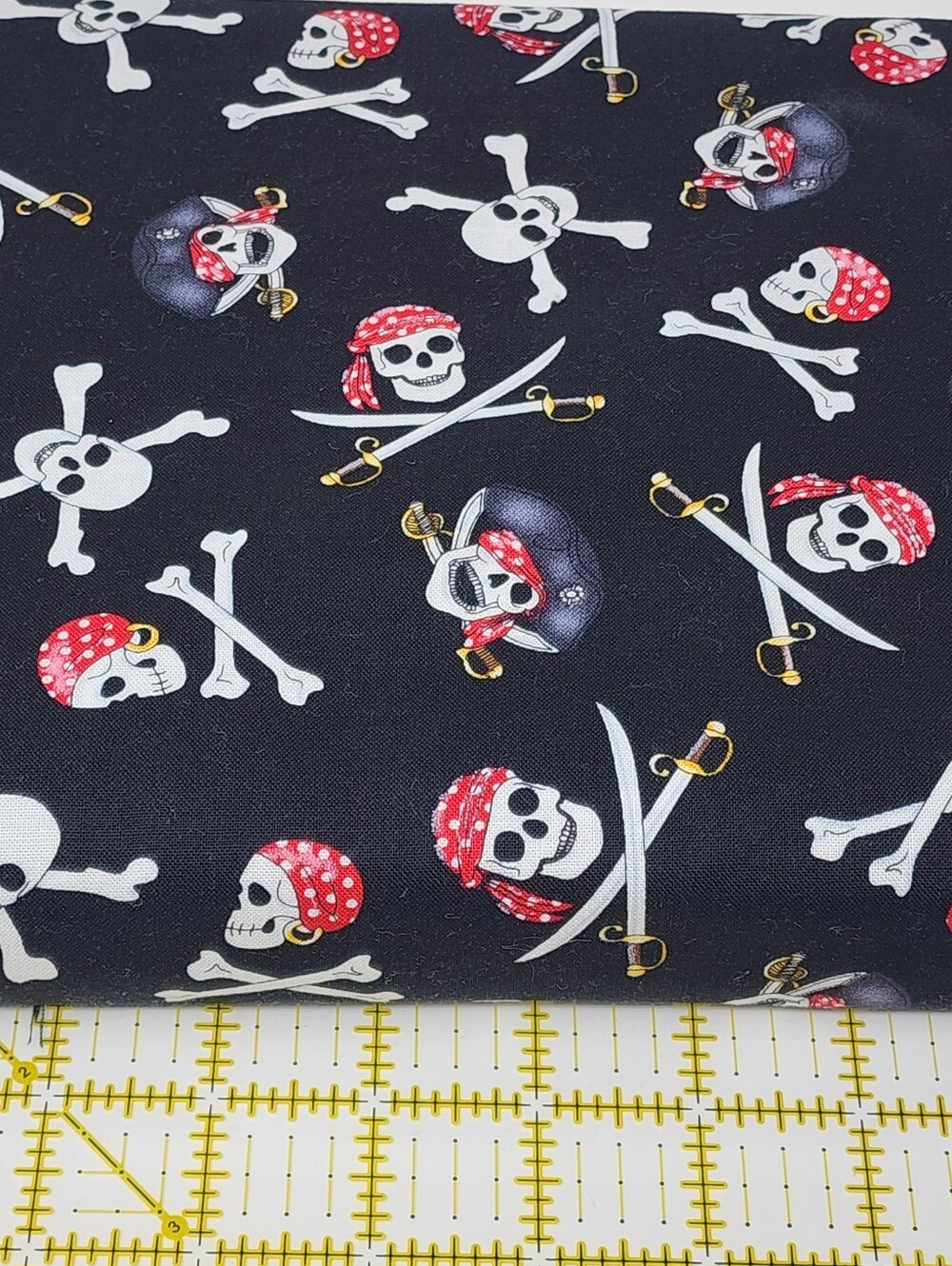 Pirate Skull & Crossbones Black Cotton Fabric with Red Bandanas Yard